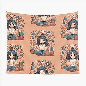 Cute girl surrounded by her things Tapestry is a double word, so 

Cute girl surrounded by her things