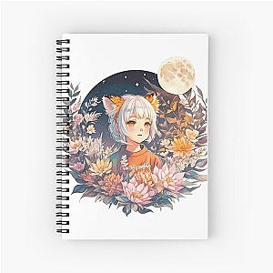Lunar Whispers: Anime Girl with White Hair Orange Tiger Ears Flora and Moon Watercolor Art Spiral Notebook