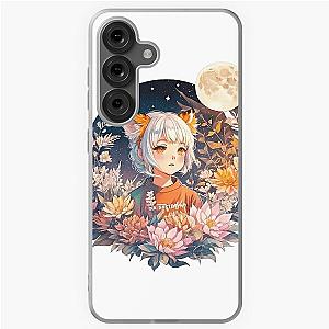 Lunar Whispers: Cute Anime Girl with White Hair, Orange Tiger Ears, Floral, Moon Watercolor Art on Samsung Galaxy Soft Case