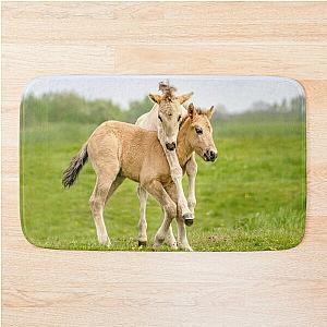 Funny Konik Foals Playing In Bath Mat
