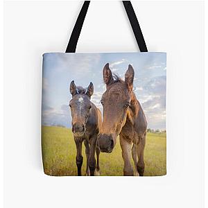 Two curious foals, baby horses, colt and filly All Over Print Tote Bag