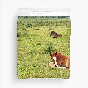 two foals lying on pasture nature scene Duvet Cover