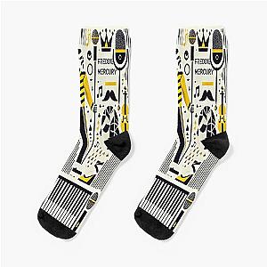 Freddie Mercury Iconography Pattern - Celebrating the Legend of Rock Socks