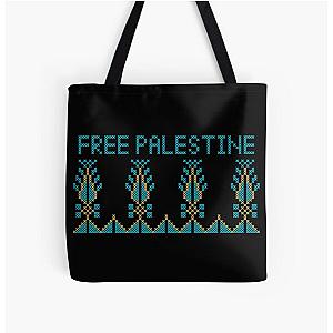 Realistic Palestinian Tatreez Embroidery Pattern Design Free Palestine Quote blu-gld All Over Print Tote Bag