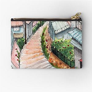 Watercolor Japanese Old City with Staircase Zipper Pouch