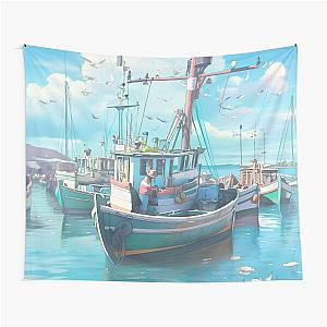 Boat in the Blue Harbor Tapestry