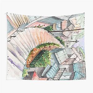 Watercolor Japanese Old City with Staircase Tapestry