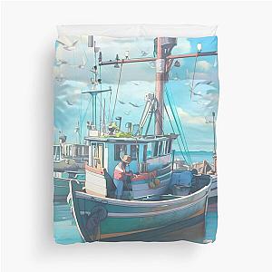 Boat in Blue Harbor Duvet Cover