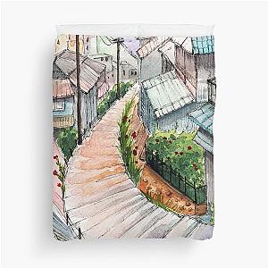 Watercolor Japanese Old City with Staircase Duvet Cover