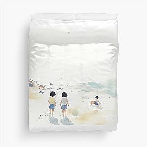 Children Playing at the Beach Duvet Cover with White Background