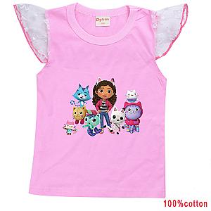 Gabbys Dollhouse Cats Cartoon  Fly Sleeve Lace T-Shirt