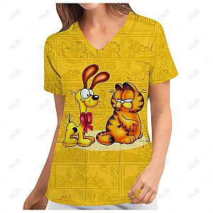 Cartoon Garfield V Neck Nurse Uniform Pocket T-shirts