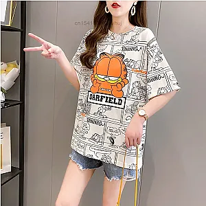 Garfield Cartoon Korean Style Loose Half Sleeve Printed Short Sleeve T-shirt