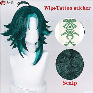 Game Genshin Impact Cosplay Xiao Wig Short Green Hair With Stickers