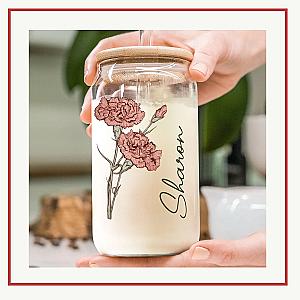 Birth Flower Birthday Gift For Women Friend Bridesmaid - customized Clear Glass Can - Website Brand