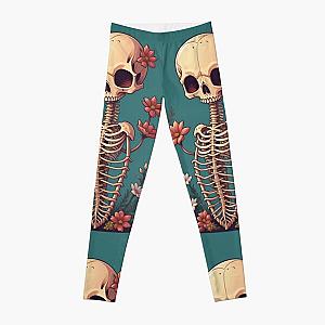 Happy Floral Skeleton Art Halloween Fantasy Skull Ribcage Grateful Dead Illustration Leggings RB0512