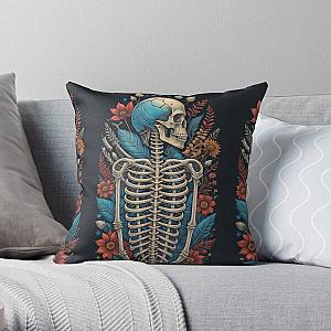 Happy Floral Skeleton Halloween Skull Ribcage Grateful Dead Illustration Fantasy Throw Pillow RB0512