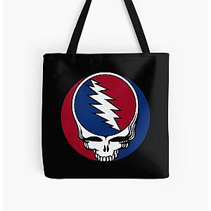 a grateful skull cartoon wearing blue and red headphones listening rock music All Over Print Tote Bag RB0512