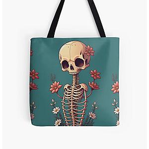 Happy Floral Skeleton Art Halloween Fantasy Skull Ribcage Grateful Dead Illustration All Over Print Tote Bag RB0512