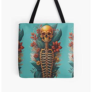 Floral Skeleton Art Halloween Fantasy Skull Ribcage Grateful Dead Illustration All Over Print Tote Bag RB0512