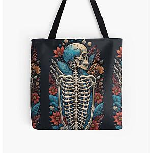 Happy Floral Skeleton Halloween Skull Ribcage Grateful Dead Illustration Fantasy All Over Print Tote Bag RB0512