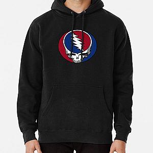 a grateful skull cartoon wearing blue and red headphones listening rock music Pullover Hoodie RB0512