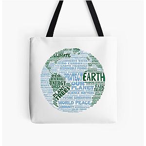 Protect Earth - Blue Green Words for Earth All Over Print Tote Bag