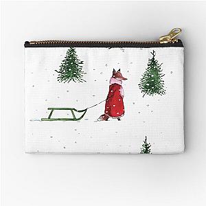 Fox with a Green Toboggan on a Winter Day Zipper Pouch