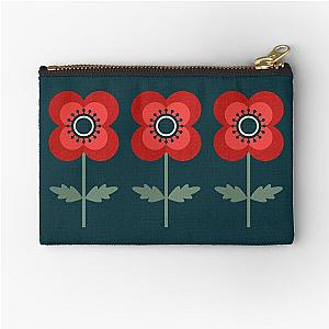 Vintage Red Poppy on Forest Green Background Zipper Pouch