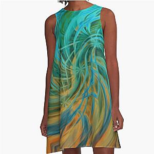 Guava Juice - turquoise orange brown circle line pattern A-Line Dress