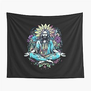 Jesus Christ meditates in lotus position, flower power, halo, hippie, yoga, Buddhism, Christianity Tapestry