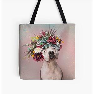 Pit Bull Flower Power, Halo All Over Print Tote Bag