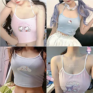 Sanrio Hello Kitty Sling Crop Tops Women Sexy T-shirt