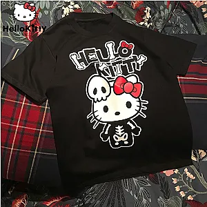 Sanrio Hello Kitty Halloween Design Black Tops Bone Printed Short Sleeve T-shirts