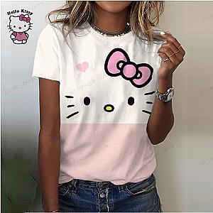 Hello Kitty Pink White Cartoon Cat Face Print Round Neck T-shirt