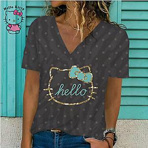 Hello Kitty Printed V-neck Short Sleeved T-shirt