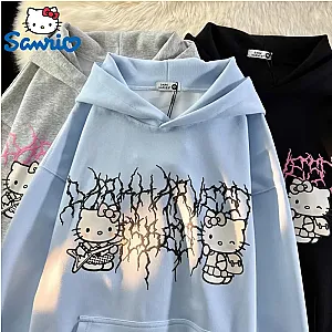 Sanrio Punk Rock Hello Kitty Hooded Sweater Streetwear Fashion Pullovers Hoodies