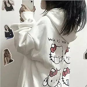 Hello Kitty Carton Cat Mask Printed White Hoodies