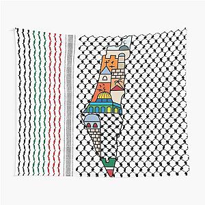 I Love Palestine My Homeland a Palestinian Map with Kufiya Pattern and Most Sacred Sites in Jerusalem - Black Tapestry