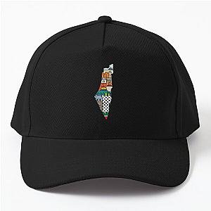 I Love Palestine My Homeland Palestinian Map with Kufiya Hatta Pattern and Most Sacred Sites in Jerusalem - Black Baseball Cap