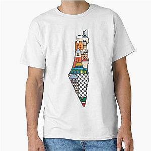 I Love Palestine My Homeland Map with Kufiya Pattern and Most Sacred Sites in Jerusalem Classic T-Shirt