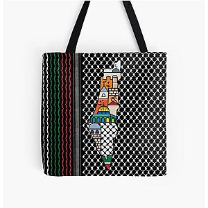 I Love Palestine My Homeland Palestinian Map with Kufiya Hatta Pattern and Most Sacred Sites All Over Print Tote Bag