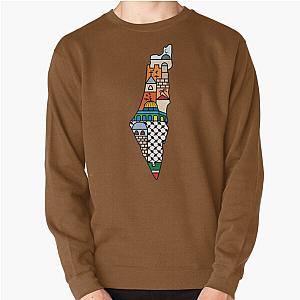 I Love Palestine My Homeland Palestinian Map with Kufiya Hatta and Most Sacred Sites White Pullover Sweatshirt