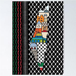 I Love Palestine My Homeland Palestinian Map with Kufiya Pattern and Most Sacred Sites -Whit Poster