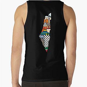 I Love Palestine My Homeland Palestinian Map with Kufiya Pattern and Most Sacred Sites -White Tank Top