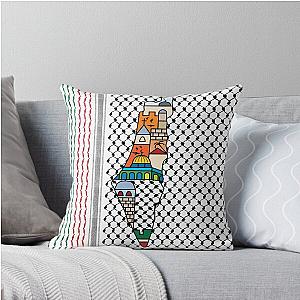 I Love Palestine My Homeland/  Palestinian Map with Kufiya and Most Sacred Sites in Jerusalem Black Throw Pillow