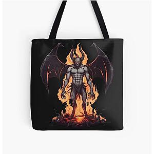 A Terrifying Demon with Wings and Horns Engulfed in Flames All Over Print Tote Bag RB0712