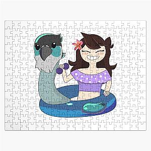 Jaiden animations, a cute bird swims in a pool wearing sunglasses, saving a buoy and having fun, summe Jigsaw Puzzle