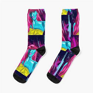 Alien woman with red hair grunge abstract hand drawn illustration by Jameela Jamil Socks