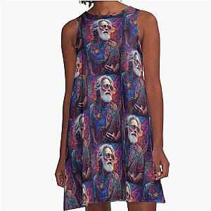 Jerry Garcia Artwork - Guitar Legend Tribute: Vibrant Music Icon Design A-Line Dress